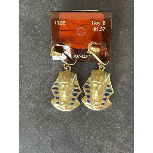Vintage Gold Tone Blue Accent King Tut Earrings Clip On - Picture 5 of 6